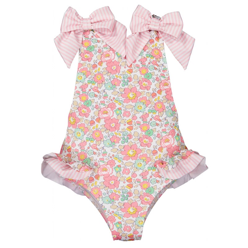 Cute beach swimsuit with blue and pink prints