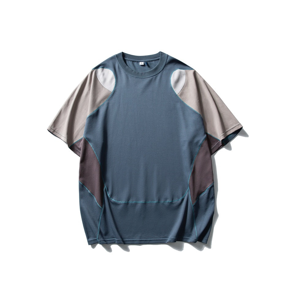 Men's Patchwork Contrast Color Sports T-shirt Loose Short Sleeve
