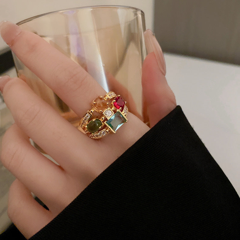 Zircon geometric oval multi-layer color opening ring fashion creative design feeling food finger ring personality bracelet