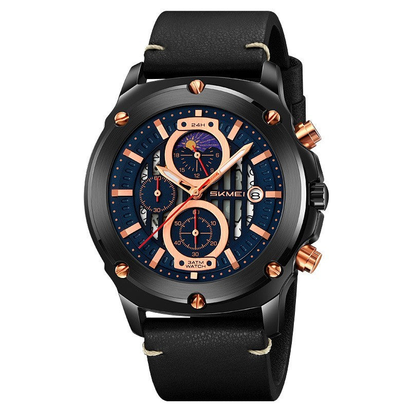 Men's Watch Fashion Trend Men's Leather-belt Watch Three Eyes And Six Needles Quartz Watch