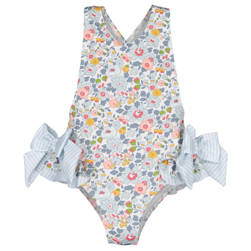 Cute beach swimsuit with blue and pink prints
