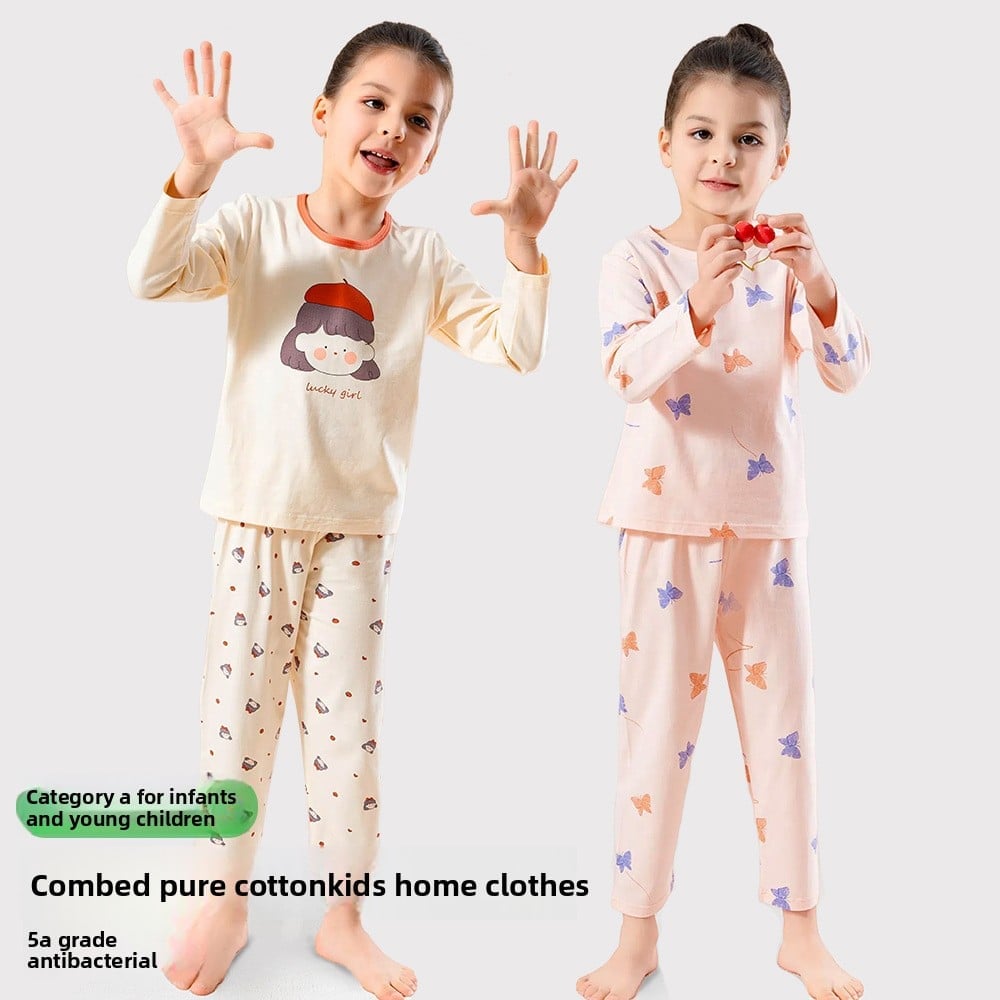 Children's pajamas cotton baby thin section antibacterial boys home wear middle and large children girls long-sleeved underwear set