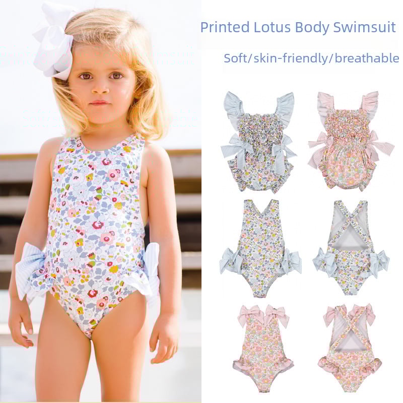 Cute beach swimsuit with blue and pink prints