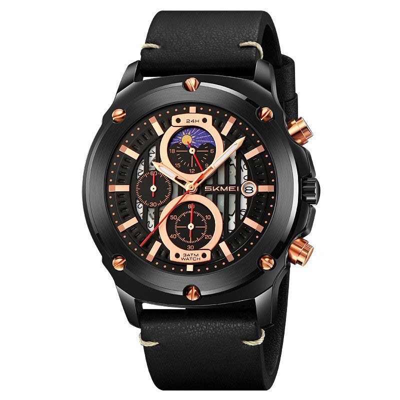 Men's Watch Fashion Trend Men's Leather-belt Watch Three Eyes And Six Needles Quartz Watch