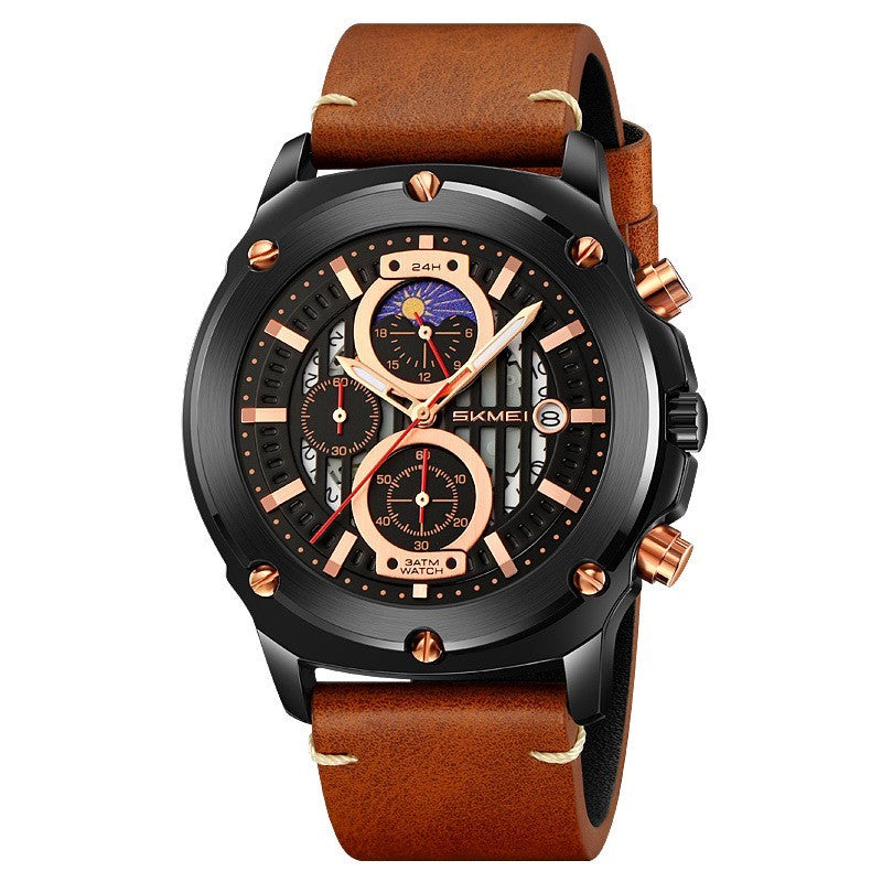 Men's Watch Fashion Trend Men's Leather-belt Watch Three Eyes And Six Needles Quartz Watch