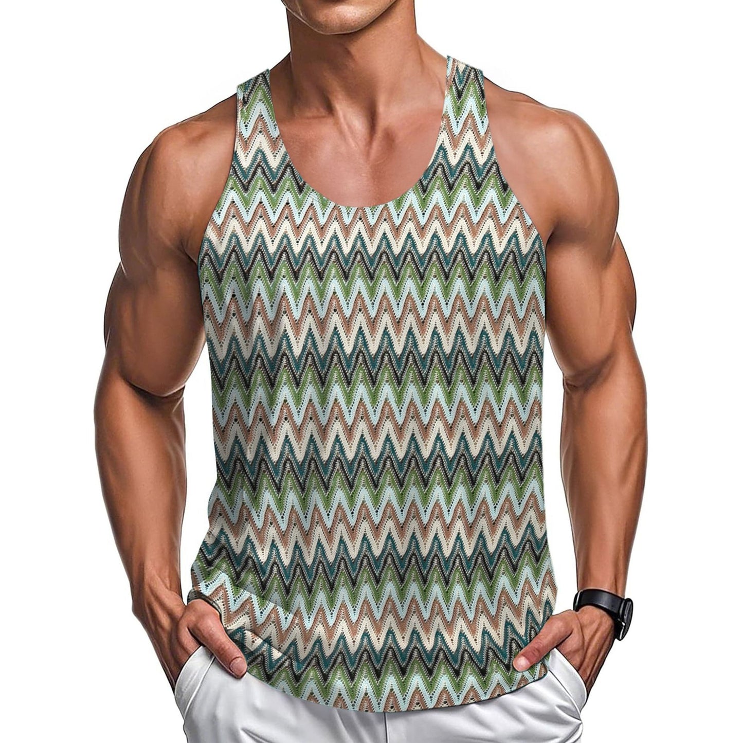 Summer Casual Men's Clothing Retro Style Contrast Color Wave Color Stripes Fabric Vest